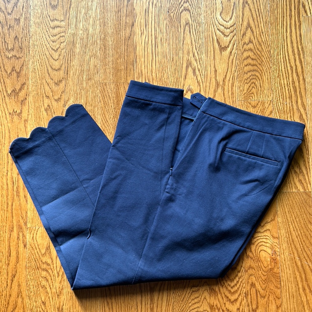 Navy blue stretch Chatham cropped pant with scalloped hem side zip 16